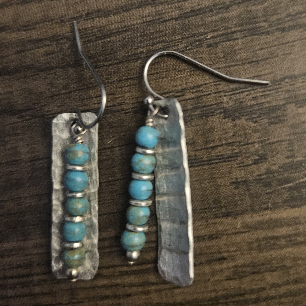 Silver and Turquoise Beaded Dangle Earrings - Picture 5 of 6